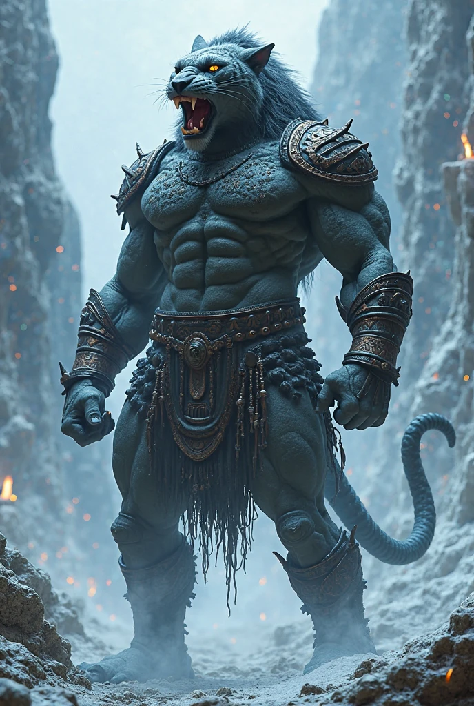 A 1 teenage orc with gray skin, short black hair, blue eyes, two large fangs in his mouth, hairless and bearded, with a piercing in his eyebrow and tattoos on his arms, 175 cm tall.