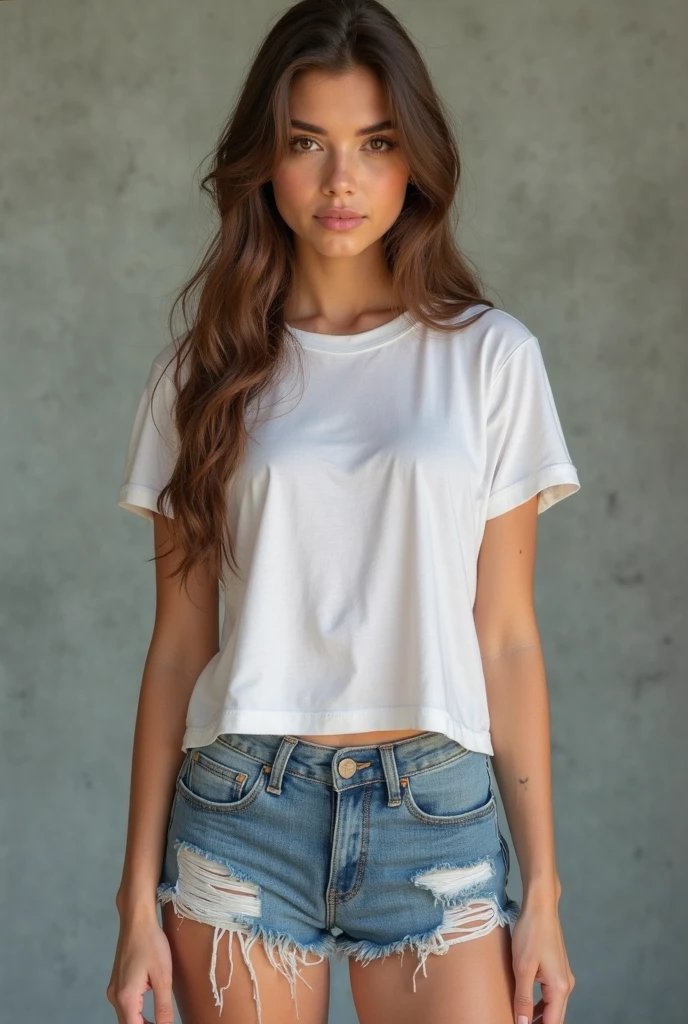 beautiful woman, standing straight facing forward,with white t-shirt, denim jeans pants, on a greyish background, cotton t-shirt texture, fitted t-shirt, round neck, striped tights. Medium camera shot.