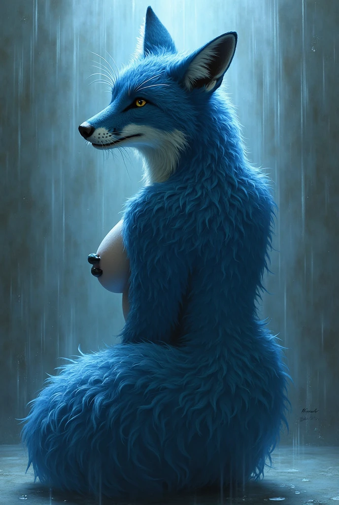 Anthro, creature, wolf-woman, black fur, black wolf ears, long snout, fangs, blue wolf eyes, claws, breast fur, completely naked, big tits, spreading her legs, showing her pussy, werewolf