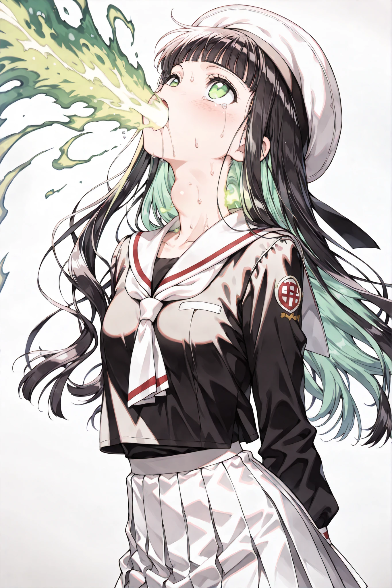 { score_9, score_8_up, score_7_up, } { Color manga quality, screentone shading} { masterpiece, high quality, best quality, highres}
BREAK
{ (CLAMP_mangaka)_Artstyle_LoRA : hentai_Artstyle_Lora :  : NSFW ,  } 
BREAK
{ 1girl, solo, , aatomoyo, long sidelock, long hair, black hair, beret, white headwear, blunt bangs, purple eyes, small breasts, serafuku, white sailor collar, white neckerchief, black shirt, long sleeves, pleated skirt, white skirt }{ young, cute, petite, perfectly slender body, , small breast :  } { Possession, wide open mouth(((Mist Entering Mouth, Mist flowing into Mouth, Throat Bulge, glowing throat,))),green eyes,glowing eyes,green mist, glowing green mist, glowing mist, possessed,looking up,,surprised,wide eyes, head thrown back, body thrown back, sweating, saliva, tears, standing}
{  :  }
BREAK
{  Blank white background : alone }
BREAK
{ } 