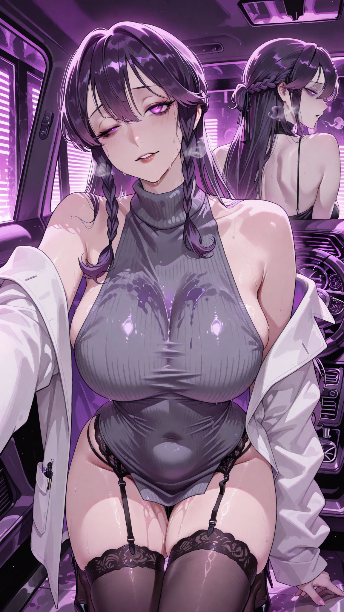 masterpiece, best quality, intricate detailed,  absurd res,  highly detailed ,   pov ,  pbLieri,  purple hair,  nude ,  sitting  ,  on back , spread legs , (legs up) ,  crotch ,  lace trim  ,   black bra ,  black panties ,  black thighhighs,   lips ,  large breasts ,  ((looking at viewer)) ,  indoor ,  pilot seat ,  space station , outer space , stars , dark background , monitors ,