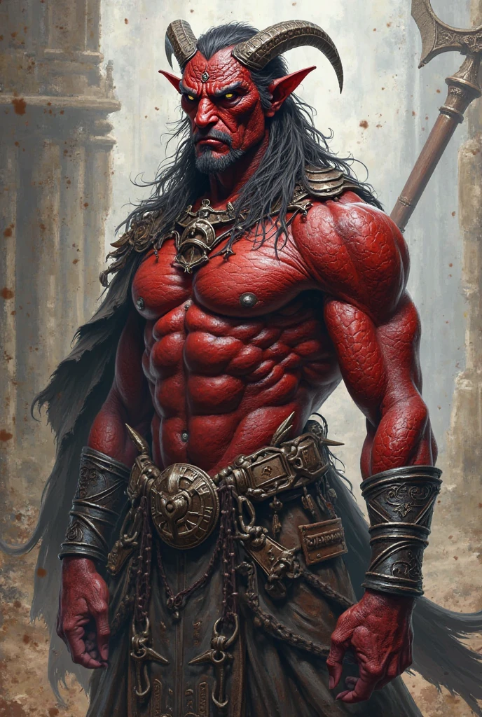 Create a Human Fantasy RPG Warrior, but with insect antennae on top of the head and reddish skin. Your hair is black, His physique is tall and has a lot of muscle definition., He wears simple metal armor and uses a broken sword as a weapon..