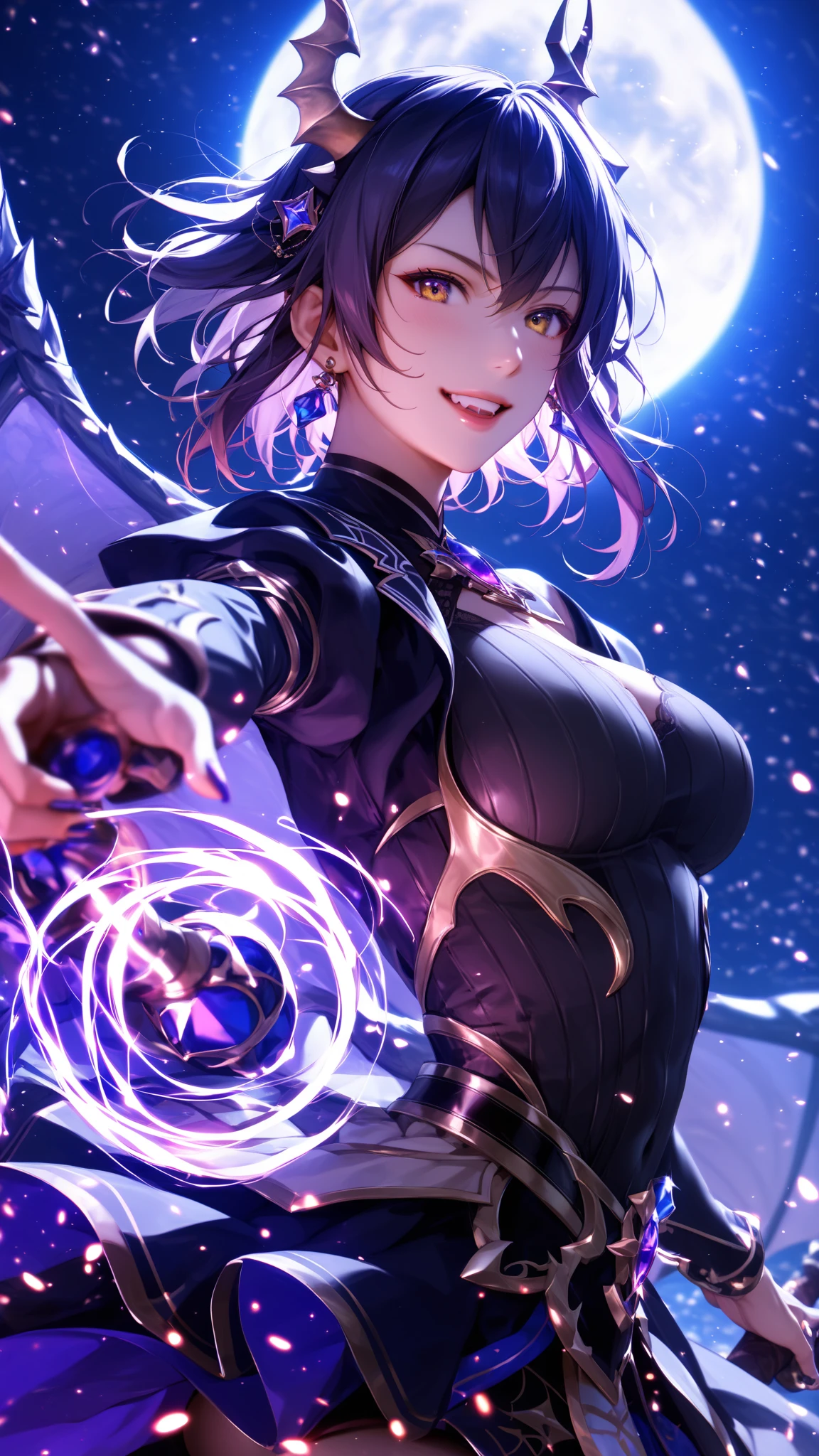 1girl,solo,super detailed skin,shiny skin,wet oily skin, natural face,eyelashes,lips gloss,purple hair,short hair,large breasts,unique and complex clothes ,dynamic angle,magic circle,chanting magic,DonMM4g1cXL,night fantasy town,masterpiece,best quality,ultra detailed,high resolution,sharp focus,depth of field