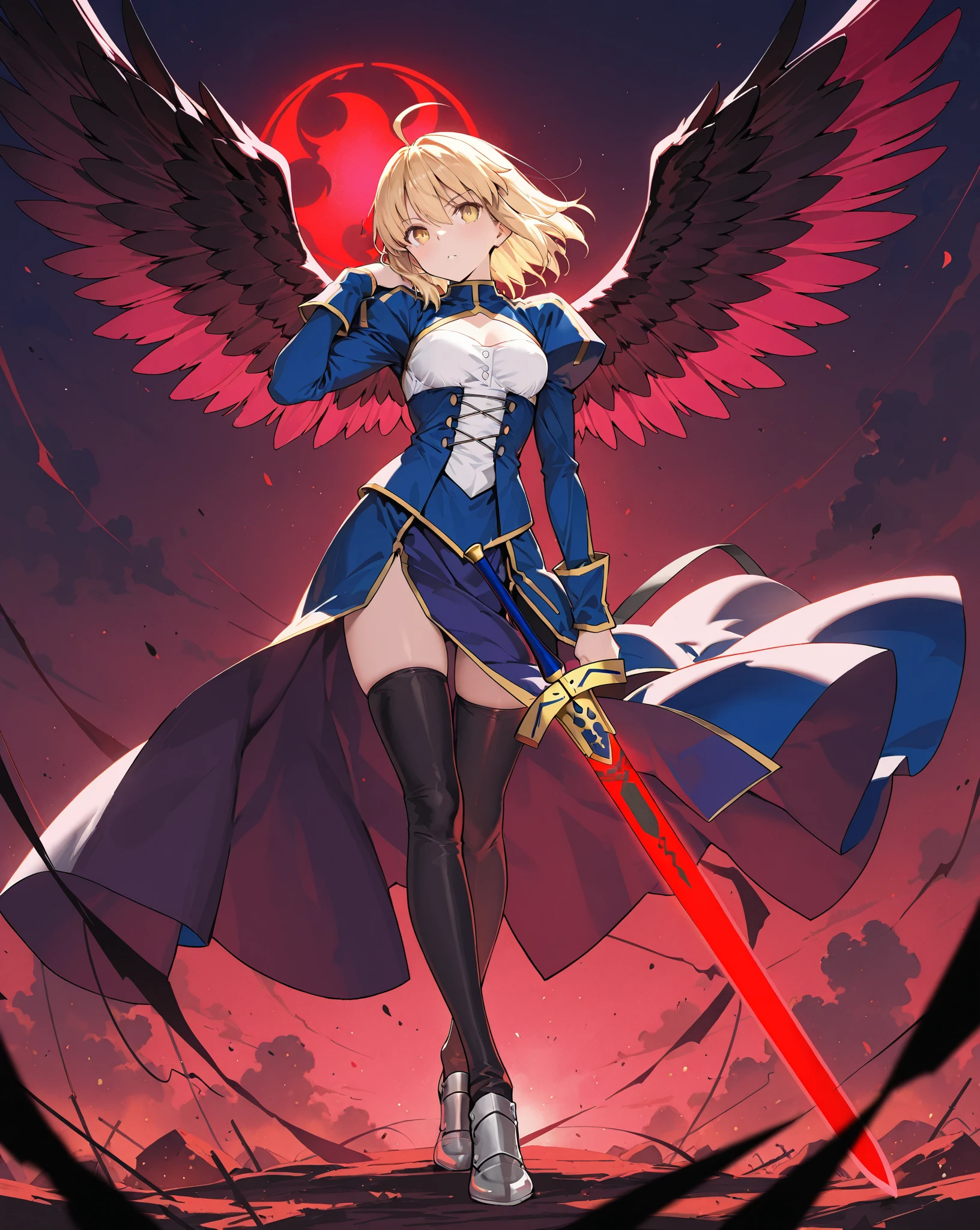 anime, (masterpiece), (best quality), (ultra-detailed), (best illustration), (best shadow), (absurdres), (detailed background), (very aesthetic), shiny, detailed beautiful eyes, outstanding, countershading, detailed soft lighting, an exquisite animation illustration, 1girl, solo, anheang, Dollsuit, thighthigh, dark persona, empty eyes, expressionless, blank eyes, looking at viewer, red gloves, full body, emotionless, Fighting Stance, hair ornament, sysdeep_jeanne, blue eyes, blonde hair, short hair, earrings, jeanne_ornament, jewelry, large_breasts, braid, holding, wings, holding_weapon, shield, flag, holding_polearm, holding_shield, banner,