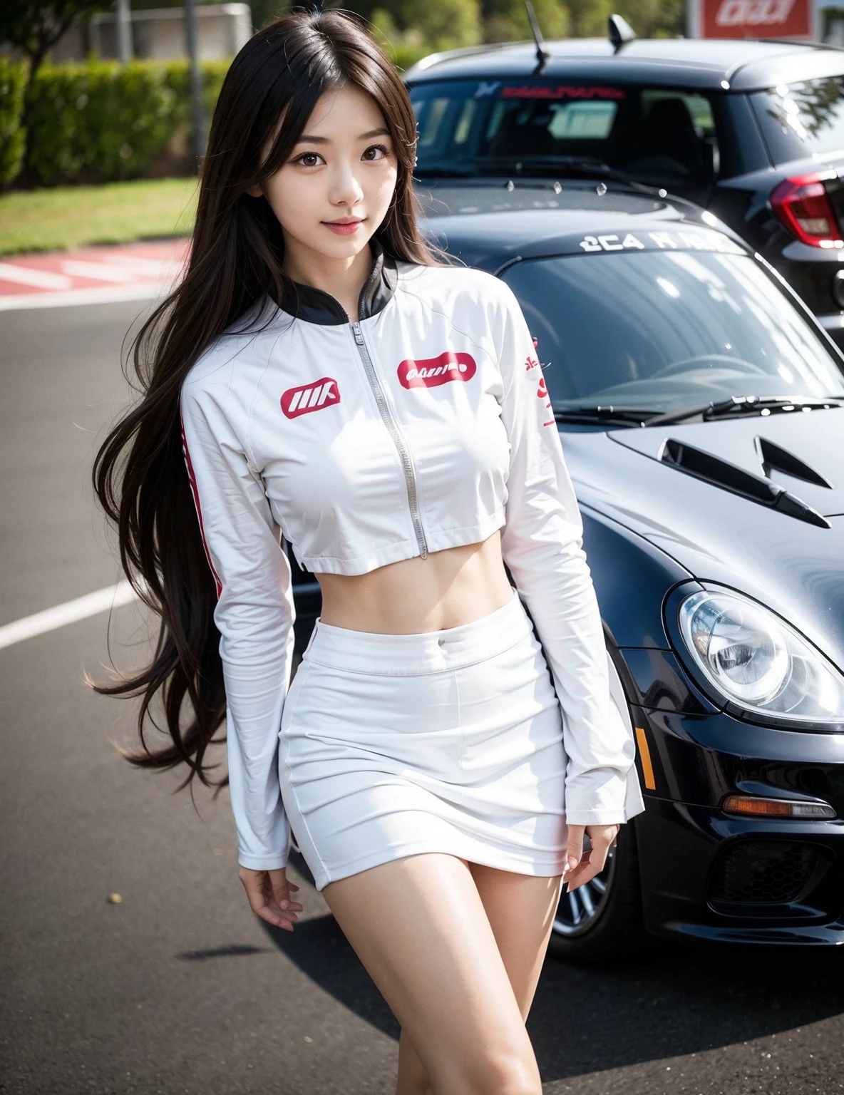 A Korean girl with a Ferrari Formula 1 team theme, with a creative and short dress