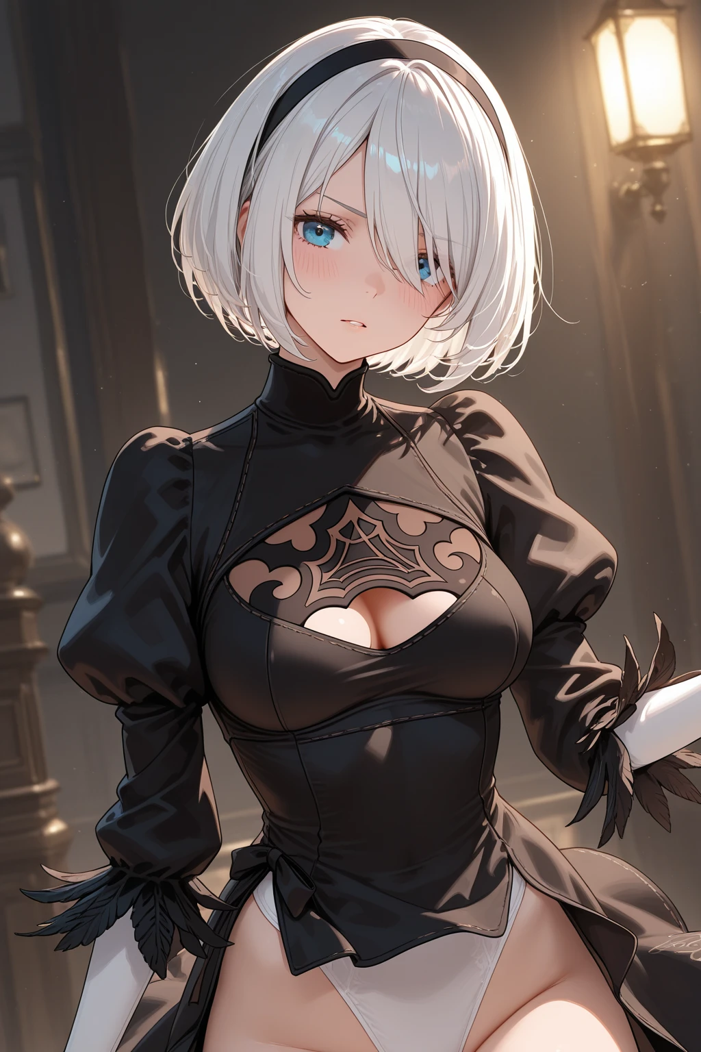 Best quality, ultra-high resolution, (photorealistict: 1.4), realistic, 8k, ((yorha no. 2 type b nier (series), nier automata), 1girl, desert, cute, detailed face, fine texture, ((black eye patch, cover eyes, hide eyes)), (detail hair, short white hair), (leather, black dress, long sleeves, fluffy juliet), (transparent cleavage cut, dress cut, with pattern), black headband, feather-trimmed sleeves, white gloves black pattern, headband, youthful, cleavage, white skin