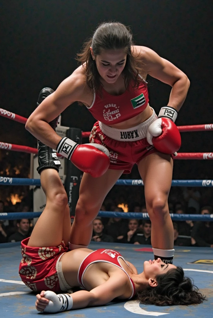 Boxing Match, ((masterpiece, highest quality, Highest image quality, High resolution, photorealistic, Raw photo, 8K)), ((Extremely detailed CG unified 8k wallpaper)), (huge stunning goddess shot, very hot and sexy, jaw-dropping beauty, perfect proportions, beautiful body, slim body beauty:1.4), Female boxers, two athletes beating each other in the ring, wearing sports bras, trunks, boxing gloves and boots, sweat splattered, Sweat running, wet body, intense fighting, (View from below), SFW,