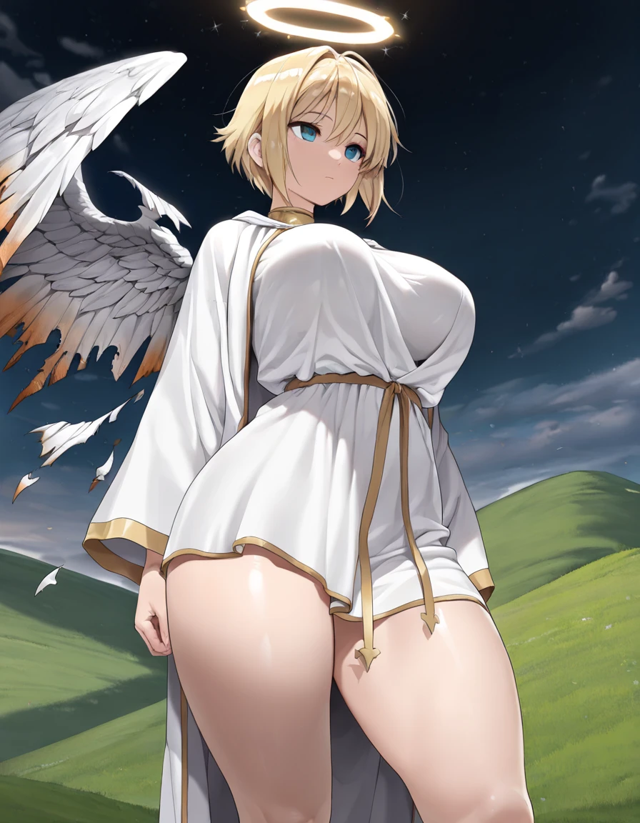 best quality, amazing quality, very aesthetic, 1girl, saber, fate/stay night, 1girl, saber, fate/stay night, , (artist official art:1.5), ahoge_hair, green eyes, steaming body, trembling, large breasts, jitome, cinematic light, official_dress, big_angel_wings, flying, on sky, happy, warm_smile, blush, night, looking_at_viewer, oily_skin, cool