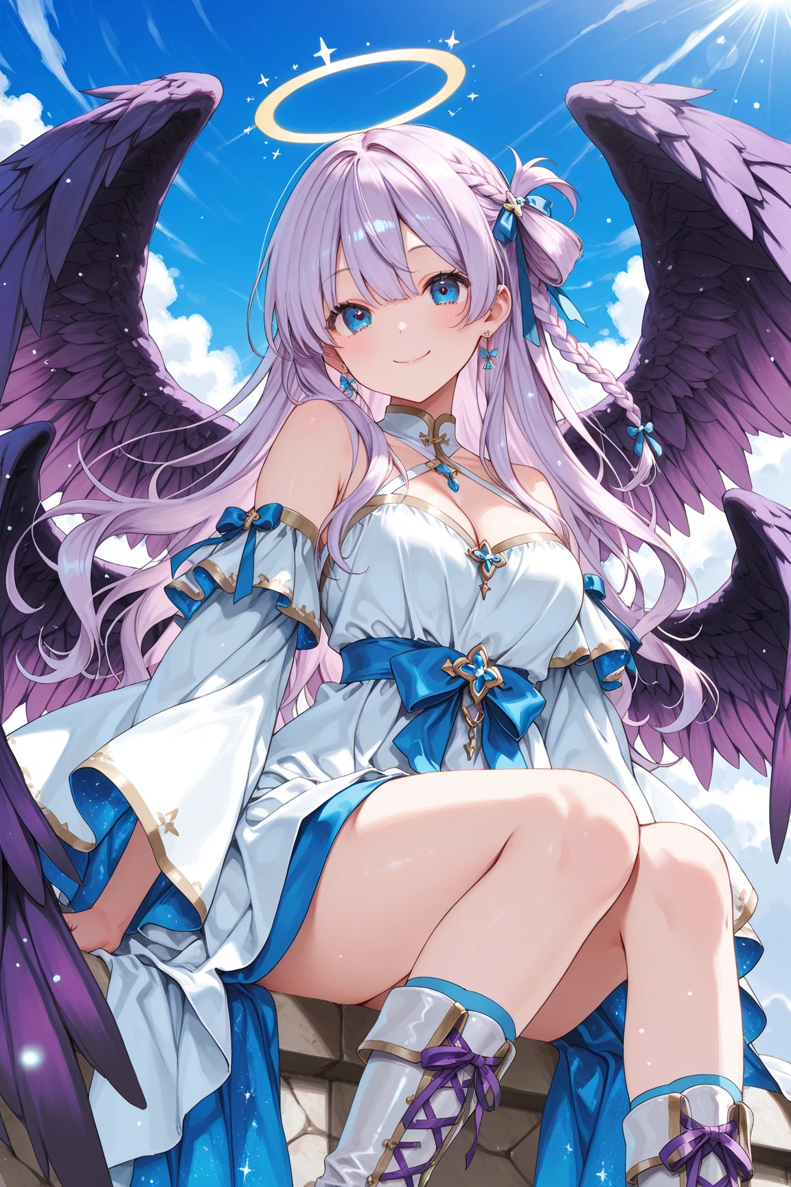 (((1girl))), ((best quality)), ((masterpiece)), ((ultra-detailed)), (illustration), (detailed light), (an extremely delicate and beautiful), (beautiful detailed eyes), (sunlight), ((extremely light)), ((extremely clothes)), (((hyper detail))),(((((front lighting))))),(((((front light))))),
((((quite adorable purple magical dress with a skirt and robe and magical tiara)))),
, (((Mage))), (((angel))), ((((angel wings)))), ((((angel halo)))),
(((wavy long hair))), ((((platinum blonde hair)))), (((long hair))),
(((sky bule eyes))),
((((whole body)))), aged 4 to 6, ((((())))), (((((quite adorable young girl))))),
(((condescending expression))), (mischievous smile with sexual satisfaction), (((extra adorable))), (((extra slender shape))),
(((extremely beautiful detailed face))),
((elegant magic gloves)),
((elegant magic boots)),
((((squatting)))), ((Dutch angle)), (((magical purple panties))),
(((()))),
(((extremely thin thighagical white stockings)))