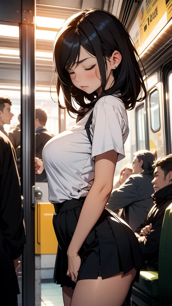 (highest qualityr)), ((obra maestra)),、Resultado del tono、mujer adulta、 ((Tiro de panty:1.5))、En pie piernas abiertas、lift skirt 、rubio、ojos verdes、(Cum en desbordamientos :1.5)、 small boobs、sobbing tears、(tanga:1.0)、 Rodillas altas Blanco、(semen en vaginal:1.3)、semen en la boca、(Underboob,show off nipple:1.0)、muchos estudiantes alrededor、 Enfoque bajo vista、NSFW, realista, Obra maestra, VERY crowded subway train interior detailed scenario, VERY crowded subway train interior detailed background, Mini falda sexy, (fear expression), cara sonrojada, Attractive man groped the woman 1 from behind,(((Hombre atractivo presionyo su pecho sobre la mujer 1 espalda))) y (((holding her waist behind her)))