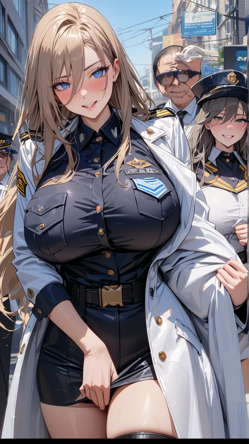masterpiece, best quality,ultra-detailed, illustration,extremely detailed CG unity 8k, (1girl:1.3), stylish pose, ((white police uniform)),Salute, ((white miniskirt)),groin,(epaulettes), (thighhighs), girl with (fair skin:1.11) and (large breasts:1.5),(gigantic breasts:1.2),((boys and crowd and onlookers)),chubby,plump, wide hips,thick thighs,wet,oiled,wet skin,skindentation, crown braid,(scared:1.05), (tongue_out:0.8), open mouth,,steam, (Buttons:0.7), Armband, beret,long sleeves, hair ribbon, hair ornament, sweat, shiny skin, FOG, (boys and onlookers in the background),park with lots of people and boys, Clouds, pagoda, tower,