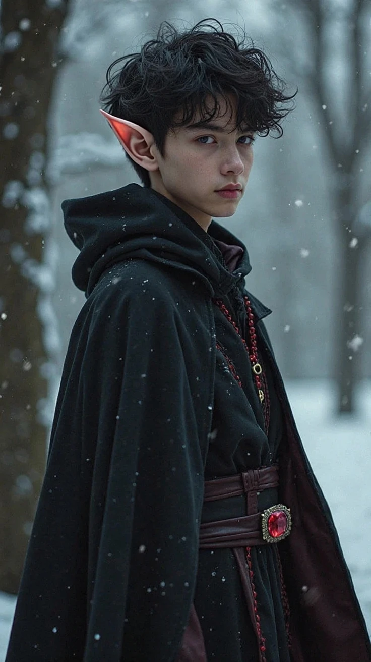 A 12 year old nordic boy. Short black hair. Fair skin. A brat. Wearing a nordic viking tunic. In an old nordic viking village in the snow.