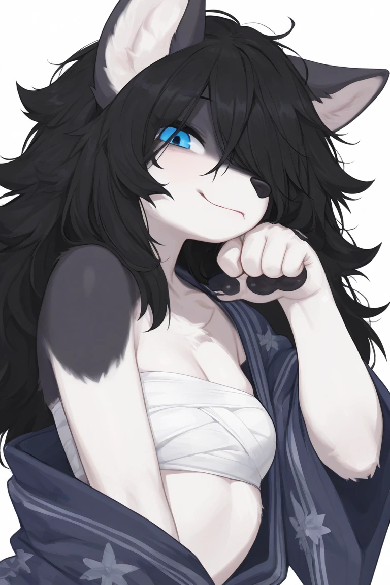 Solo, score_9,score_8_up,score_7_up, kemono style, a young nerdy Anthro furry wolf woman, wolf snout, white furry body, tall, long black messy hair, black hair, white wolf tail, blue eyes, white wolf ears, white wolf tail, small breasts, naked, close up, portrait, pouting, jazz hands, waving at viewer, open palm hands. hands, five fingers, chest tuft