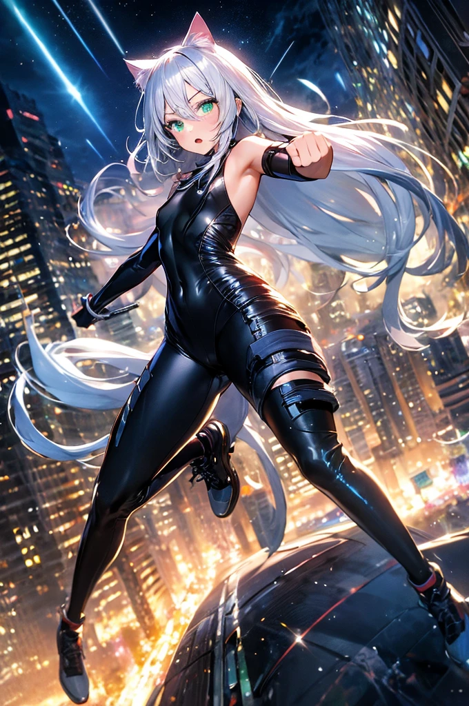 masterpiece, best quality, 1girl, (grey hair, shoulder-length hair, wavy hair, black hairband), auburn eyes, beautiful detailed eyes, beautiful detailed face, cute face, perfect hands, complete fingers, perfect anatomy, perfect proportions, stoic, professional, ninja, (black leotard, bare legs), black tactical gloves, gold bracelets, black thigh-high boots, full body costume design. cityscape, night, noir atmosphere. she spins at an incredible speed, creating a whirlwind of air around her, spiral lines, wind around her.