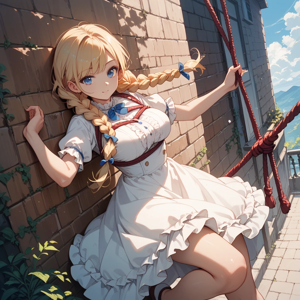 piperBS, 1girl, blonde hair, hair bun, blue dress, puffy sleeves, short sleeves, pink gloves, fingerless gloves, pink belt, shoes, blue footwear, ((((gagged)))), cute and blushing 18 years old anime girl, look away because she is embarrassed and blushes, bright blue eyes, detailed face, detailed members, detailed arms, detailed hands, Girl lying, tied by ropes, shackled, can no longer move, tied tightly, very hard tied up with lots of ropes, hampered by so many ropes that she can no longer move, bound hands and feet, ropes tie his whole body, tied extremely tightly and forcefully to her bed by a lot of ropes, its limbs are strongly tied together by ropes, his torso is tied up with thick cords, her chest is so tied up with ropes that it sticks out, her legs are tied tightly with thick ropes, his hands are tied behind his back with ropes, she can no longer move her feet, her hands which are tied by thick ropes, she desperately tries to free herself, likes to be tied tight with big ropes, likes to be immobilized by big ropes, lying down, his hands and feet are strongly tied to the railing of his bed, his legs are pressed together and tied with ropes, its limbs are held vigorously by imposing ropes, her hands are tied securely behind her back by ropes, her chest is compressed by strong ropes, she is pressed against her bed and restrained by large ropes, (shibari, arms behind the back:1.4), (hands on the back), (masterpiece, best quality) 1.5, 1girl, solo, (sexy, beautiful woman, perfect face, perfect eyes, perfect hands), samus aran, (hands on the back), Spread the legs, s' ((lie in bed by big ropes)), ((close up of the girl)), ((((lie in bed)))), ((((arms tied behind the back, Legs Tied,La fille est allongée sur le ventre, La fille est allongée sur le sol:1.5)))), ((((girl seen from behind:1.4)))), ((((girl lying down on her stomach:1.4)))), ((((Outstretched arms:1.5)))), ((((Detailed hands:1.5)))), ((((bedroom decor:1.4)))), ((((realistic decor:1.4))))