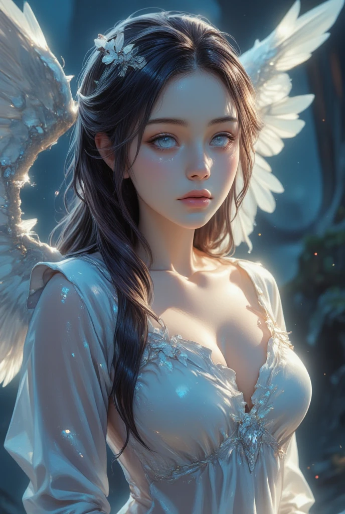 Beautiful Valkyrie,(best qualtiy,hyper HD, Masterpiece, 16k),Goose egg face,largeeyes,long eyelasher,There are precious stones on the forehead,Exquisite(live-action realistic style),Star-like eyes,Ultimate face,Photorealistic light and shadow,Clear facial features,Milky white skin,Fair skin, highdetailskin,Realistic skin details,Visible Pore,(Super detail),Petite body,Carmelto, full bodyesbian,She wears long loose black hair and reaches her waist,(hair flowing), Smoothness,Huge wings,Crystal wings,(Super detail),Wear a transparent silk cardigan dress,Beautifully decorated,((dynamicposes),Lie down,Legs slightly open),Be red in the face,((Dynamic background((Red lightning)),Fantasy space,Luxurious space,NSFW:1.07