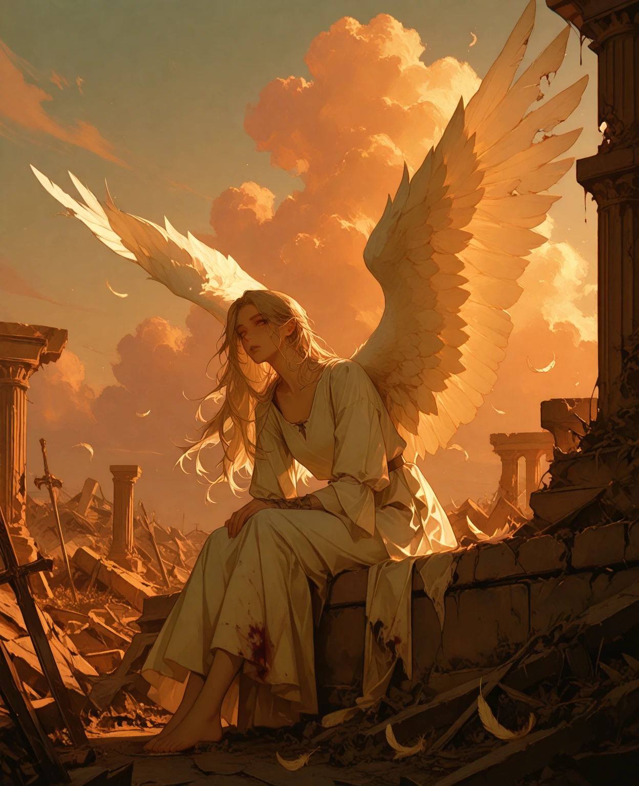 A sorrowful androgynous angel sitting among ancient ruins at sunset, with large but damaged wings — feathers blood-stained, some missing, others loosely hanging. A soft golden light breaks through the clouds, contrasting with the angel’s silent pain. The angel stares into the distance, lost in thought, evoking a sense of fallen grace. The scene is moody and emotional, with dramatic lighting and a touch of hope. Highly detailed digital painting, cinematic atmosphere