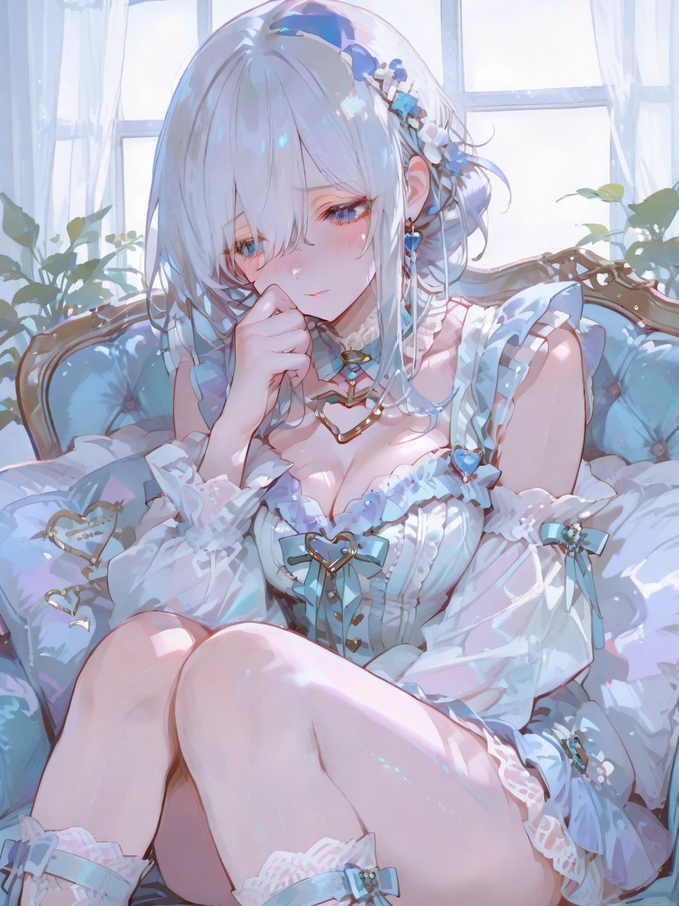 Best Best quality, masterpiece, ultra high res, raw photo, beautiful and aesthetic,deep shadow, dark theme,(ultra detailed:1.3),
1girl, dress with frills, gloves, stockings, sitting on sofa, Headdress, hair ornament, full of curtain, drill hair, long hair, blonde hair, gradient hair, yellow eyes, solo, huge breasts, G-cup, big hair, blue hair, tiara, divine goddess, looking at viewer, royal palace, indoors, bedroom, astraea, full body,