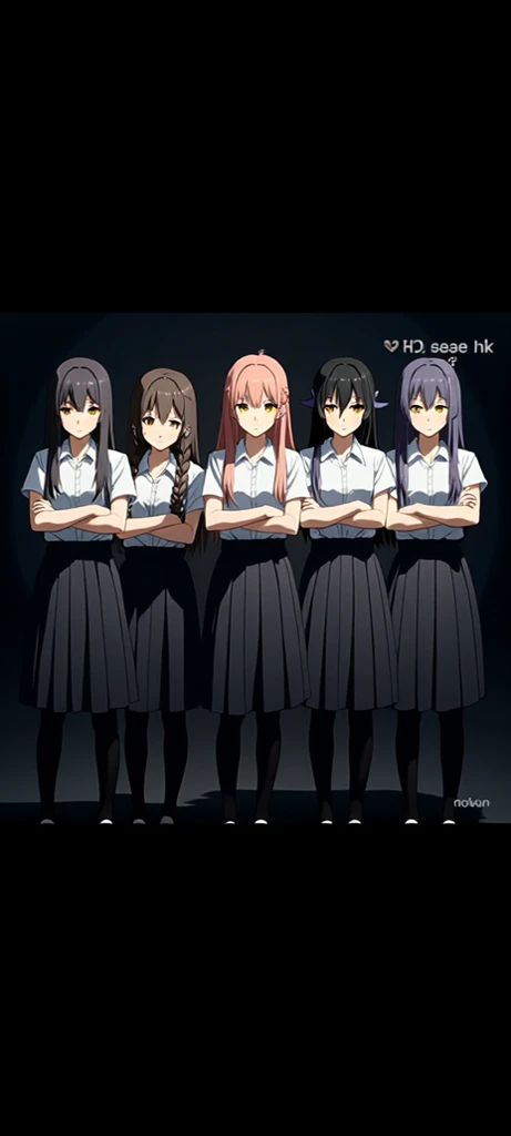 Five female college students in school uniforms standing in a row