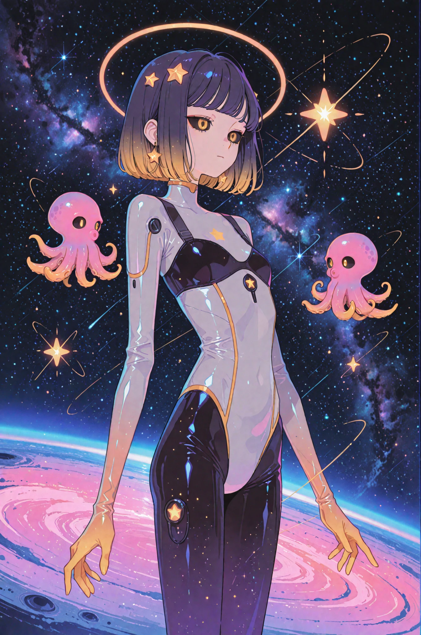 eye, sadness,  solo, 1girl, robotic, outer space background, eyes,waist, thighs, retro, hair,  arms, hands, cyan, magenta, yellow, masterpiece, by mon