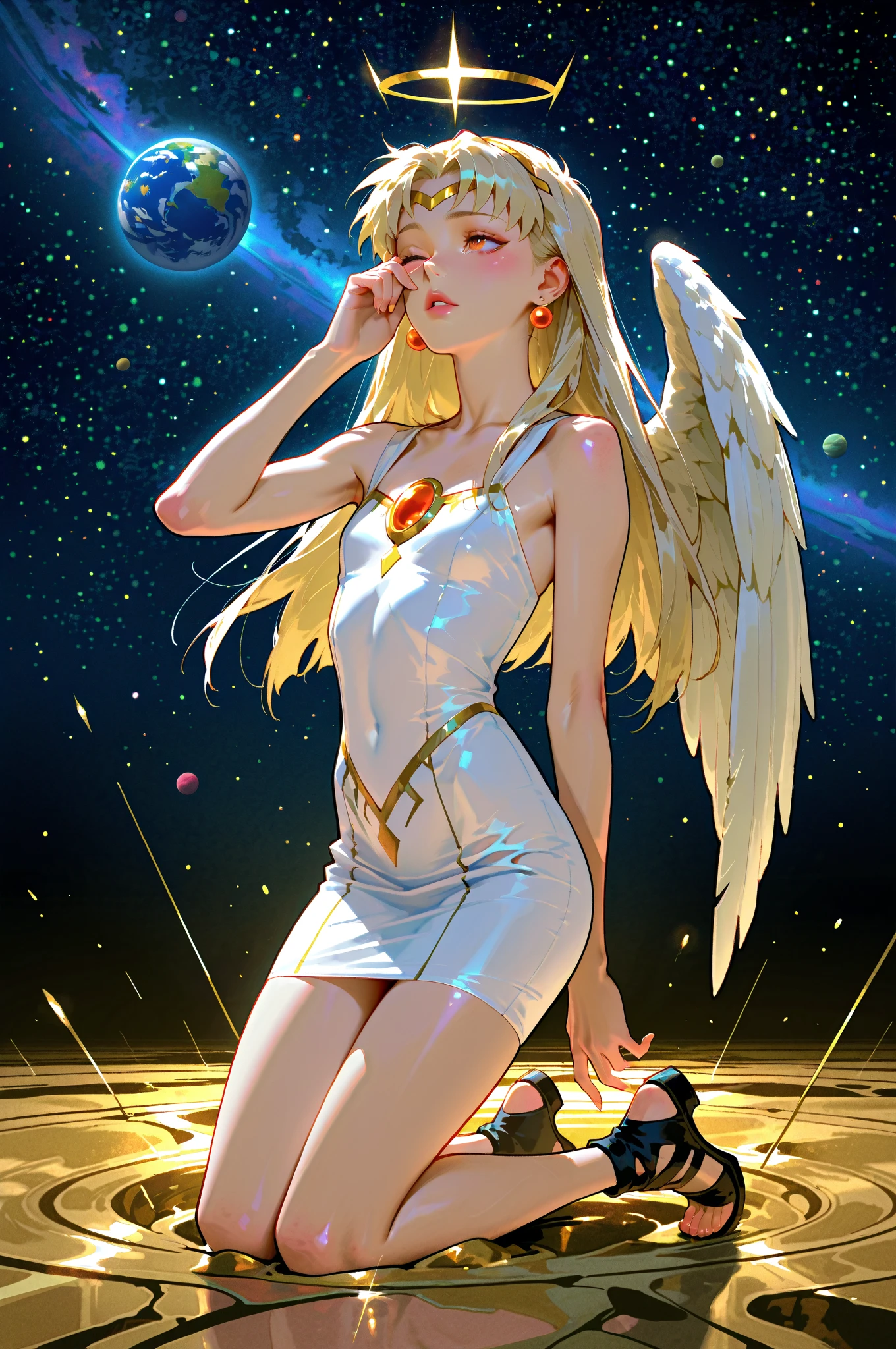 realistic detailed portrait of a girl with blue eyes, (multicolored eyes:0.5), long blonde hair, twin blades, bangs, ahoge, halo, angel, flat chest, white dress, cutout at the waist, detached collar, strapless, neck ribbon, bare shoulders, angel wings, barefoot, solo, space environment with planets, cinematic, masterpiece, best quality, game cg