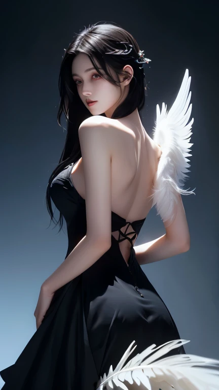 Ultra-realistic 8K, perfect face, perfect, clean, masterpiece, professional artwork, famous artwork, perfect face, beautiful face, beautiful eyes, black cleric suit, lace, open brests, beautiful black clothes, black wings, delicate pattern,sitting pose, Fascinating, galactic space background, big moon in the back, flapping wings