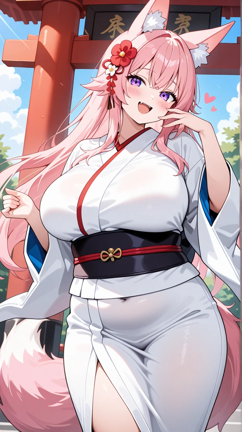1 girl, 19 years old, Long pink hair, green eyes with slit pupils, master-piece, best quality, (standing up), (pink hakama trousers), (white long-sleeve kimono top, pink hakama trousers, cleavage), (Big , ultra gigantic , Super super big, Glamorous body), Make eye contact with the camera, front figure, looking forward, (light_Smile:1.5), (Detailed hands and fingers:1.2) (feudal Japan), (FULL BODYSHOT), thighs thighs thighs thighs