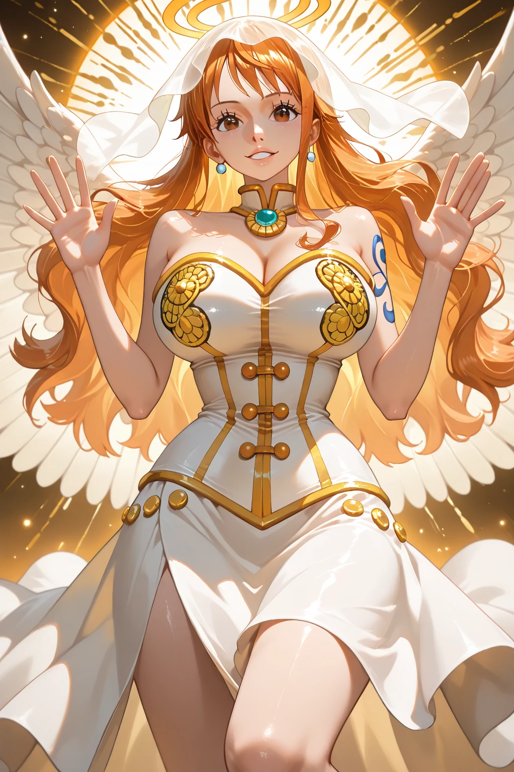 beautiful, (linework:1.1), <lora:detail_slider_v4:1.0>,
1 girl, adult woman, amber eyes, twin drills hair, (long hair:1.1), ombre, bangs, ,
solo, <lora:GoodHands-beta2:0.8>, (simple background, light brown color palette:1.1), color gradient, pale skin, sexy, confident, blushing,
upper body,
hand on hip, arched back, standing,
nude towel,
strapless,
garter straps,
butterfly pattern,,
wristband, , bracelet, beads,
(religious byzantine orthodox theme:1.1),
floating particles, floating wisps,