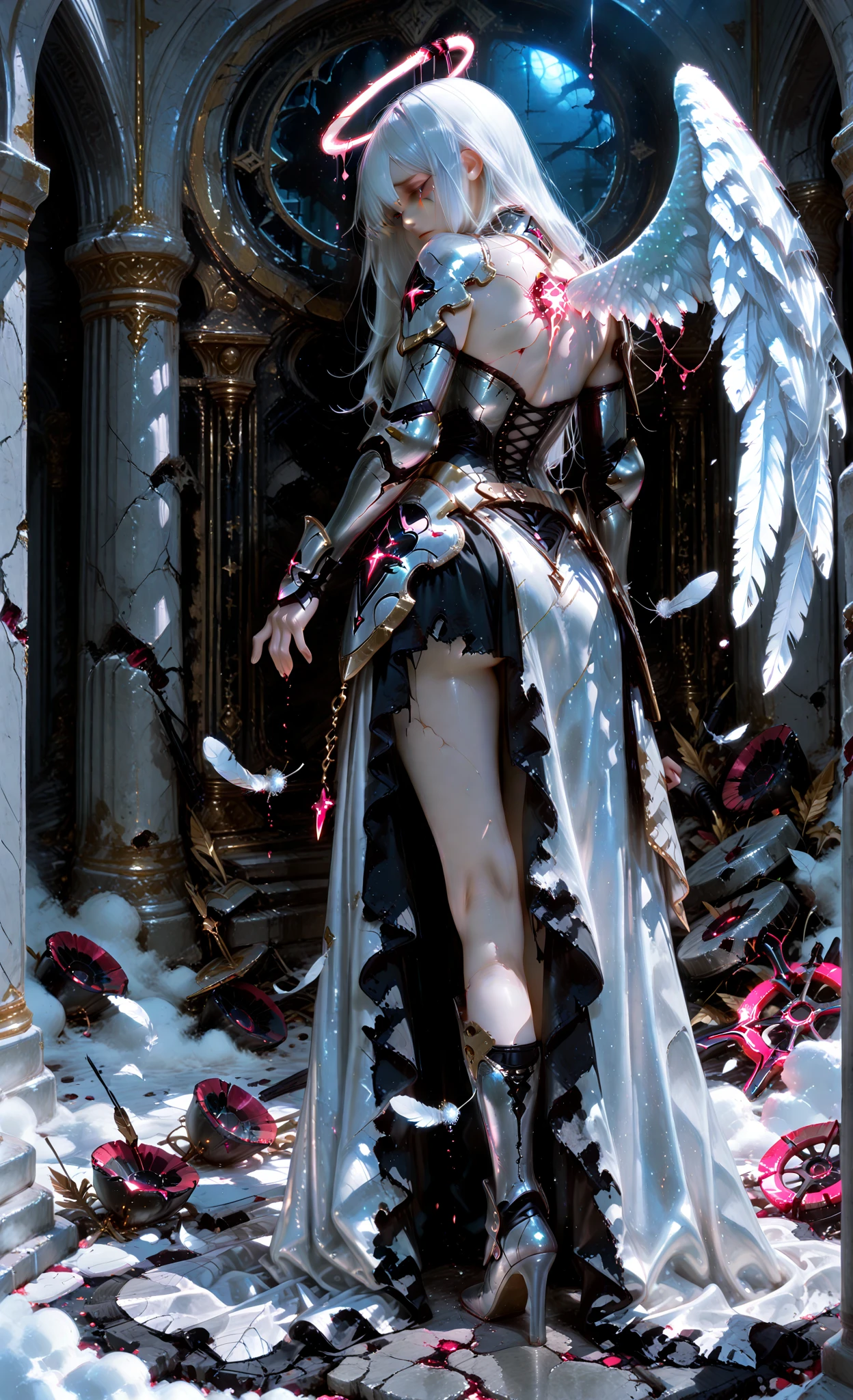 748cmstyle, anime girl, perfect hands according to anatomy, 5 fingers, perfect legs according to anatomy, 2 legs,
realistic shadow quality, realistic reflection quality, Realistic light quality, masterpiece, High Quality, High Quality, High quality eye detail, very aesthetic, Newest, Detailed Scenery,
a fallen celestial angel with one damaged wing, floating mid-air among glowing feathers and mystical fog, a cracked halo above her head, tears of light streaming from her eyes, silver armor fractured, soft glowing wounds on her back, a long flowing skirt extending to her feet, gently swaying in the wind, modest and elegant divine outfit, moonlight illuminating broken ruins beneath, surreal divine atmosphere, dreamlike, ethereal color palette, cinematic composition, 4k, ultra-detailed, concept art style