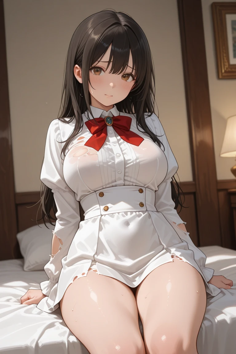 Highest quality, masterpiece, Adult women,8 heads，Long sleeve maid outfit，Without skirt，Brown Hair，Long Hair，Bedroom，Sit in the corner of the bed，Spread your legs、Leg spread，White tights，White garter belt，Wet white lace panties，I can see your pants，A seductive smile, Plump thighs，Long legs，