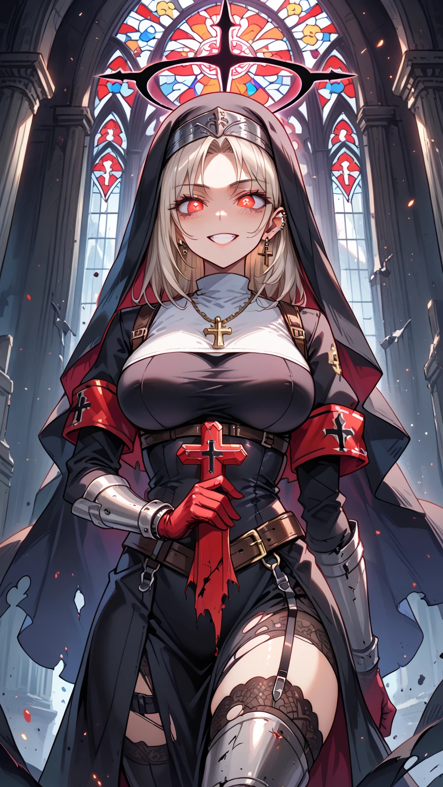 masterpiece、highest quality、High resolution、Very detailed、Girl、Big Breasts、Nuns、Boneyard、blonde、Red Eyes、Veil、Wicked Smile、laughing、outside、church、night、moon、((holding a bloody knife、bloody face、Bloodstained clothing))、Cross Necklace、
