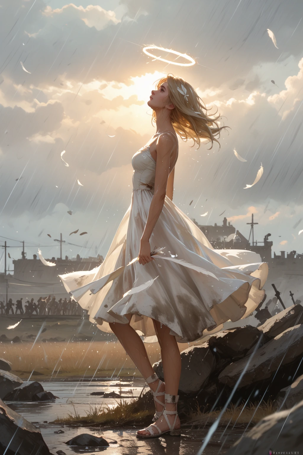 girl,angel,White Feather,blonde hair,white dress,is dirty,slender,look up,look away,from side,battlefield,wind,cloudy sky,heavy rain,Backlight,silhouette,body line,Wet,black broken wing,close eyes