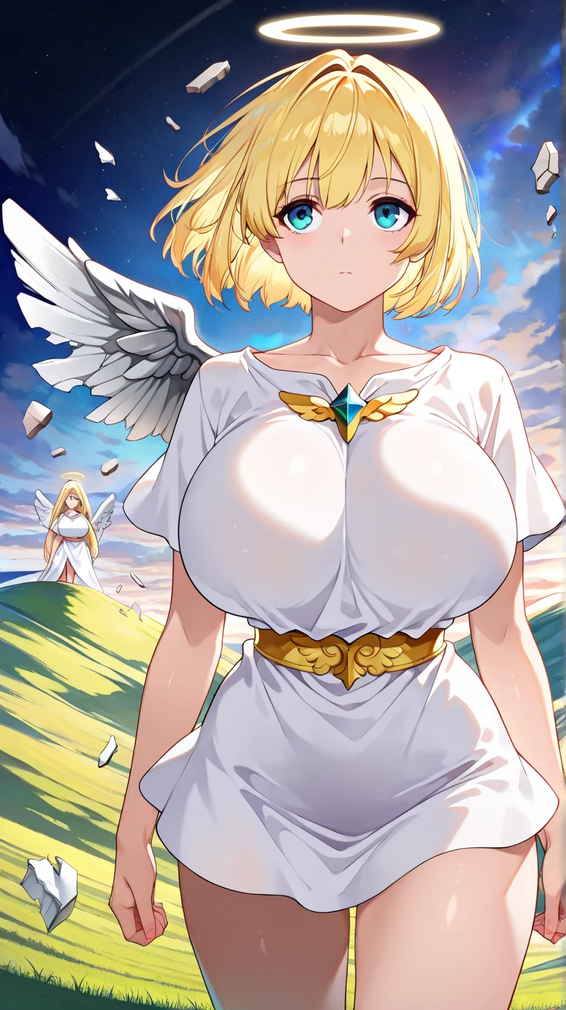 woman in her 20s、1 person、Angelic、There are large white wings on the back、Has 6 wings、Swan wings、With a round face、round chin、Close-up of a woman in armor holding a sword, Armor girl, female knight, big and full breasts、full armor, full armor, gorgeous female paladin, female knight, of a Beautiful female knight, Beautiful armor, Plump、thick waist、wide waist、full armor, armor、Gorgeous full-body armor, Amazing armor, Trending on Art Station Pixiv, Beautiful female knight、has a large sword、Great Sword of Steel、happy look、looking here、Look at me、Lakeside、white military flags lined up, There is a large army behind us far away.、With forest and mountains in the background、black string、Black pattern,kurapika, bob hair, blonde hair, (long tits:1.1), (huge tits:1.1), (saggy tits:1.2), (BIG ASS:1.2)