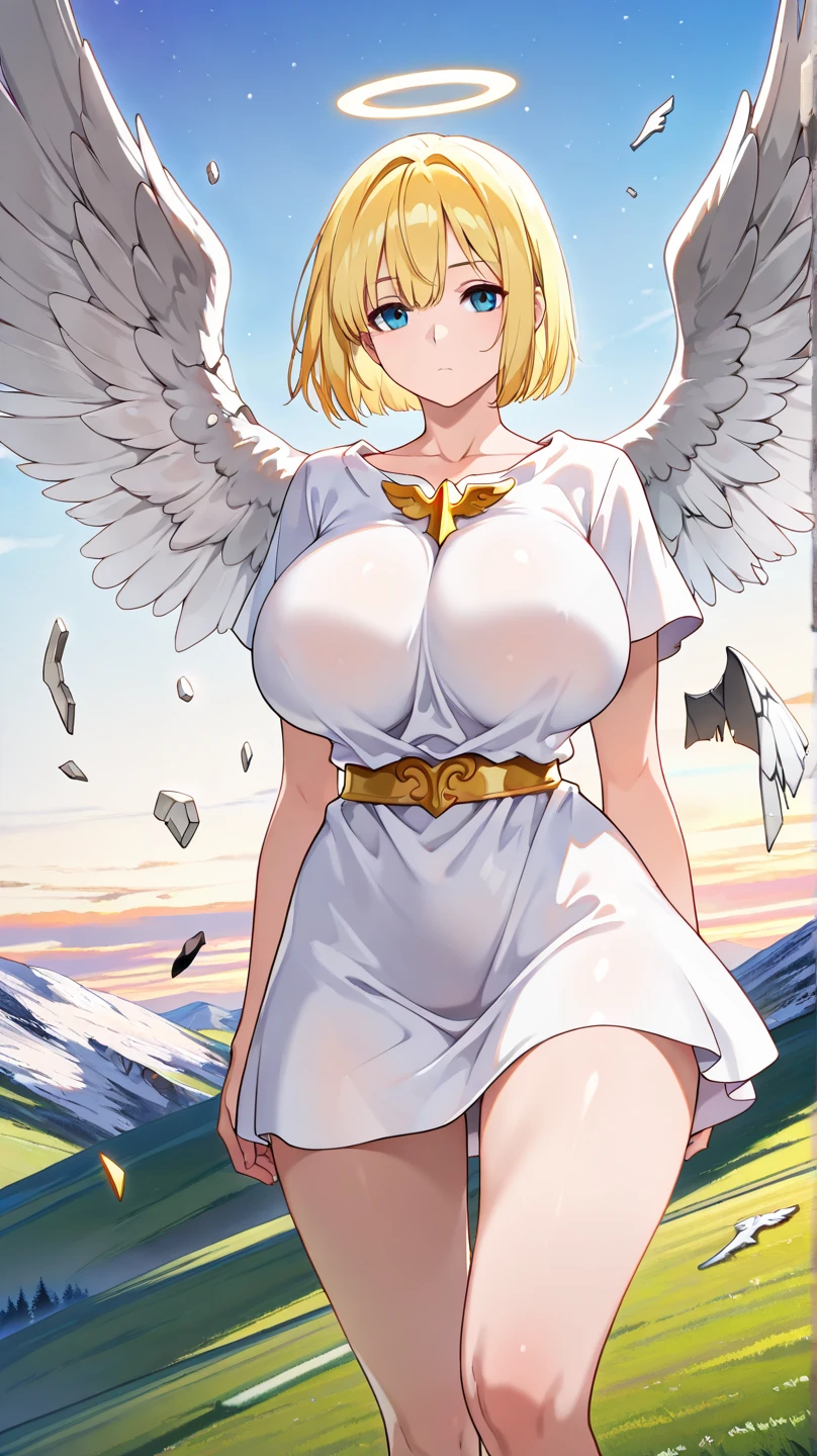 trading card, angel, sexy pose, big breasts, curvy, smile, bob haircut, sexy china dress, blonde, big pigeon wings, halo