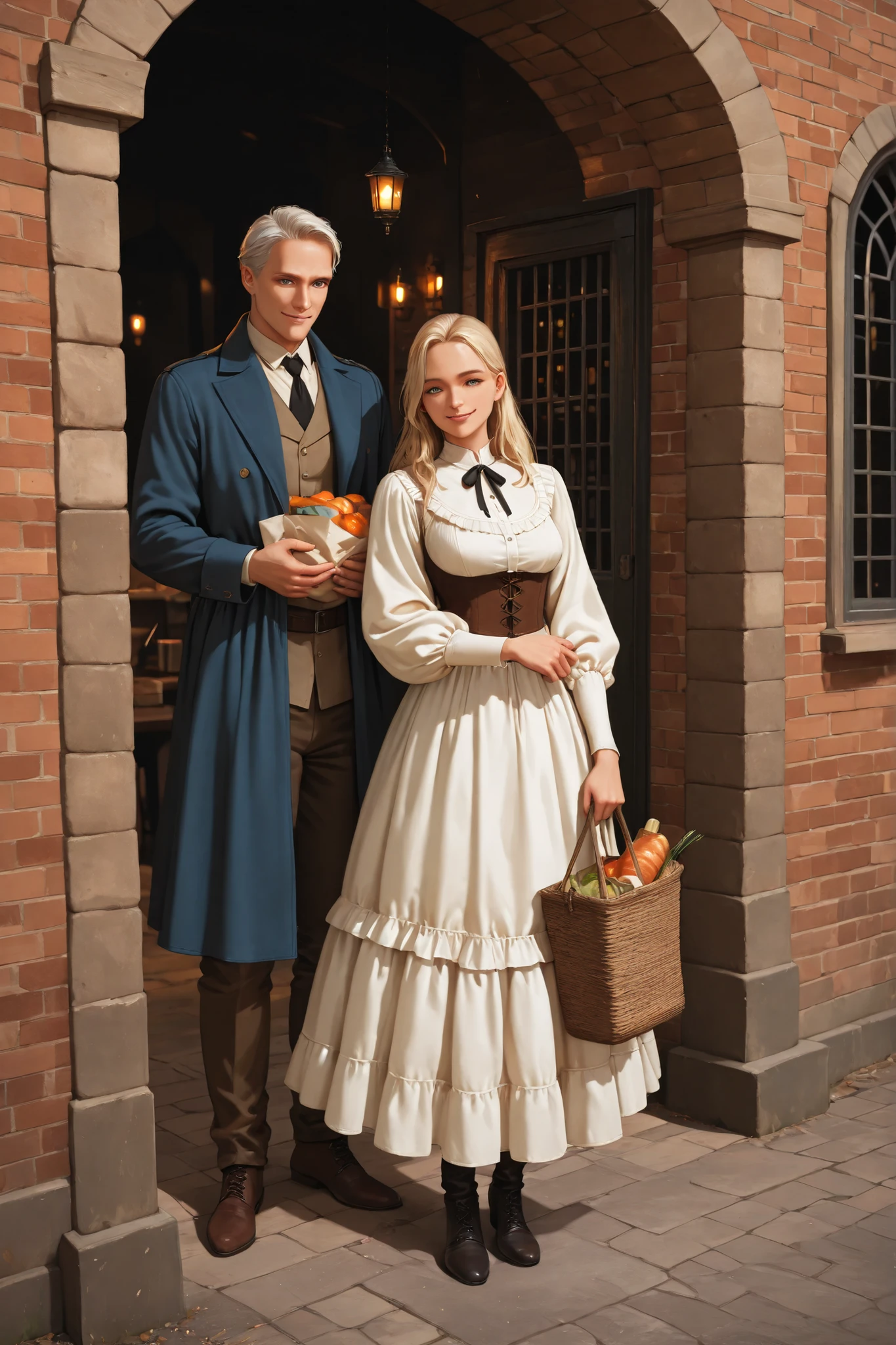 Full HD, SDXL , digital art style image of A gentle couple standing on the dacyard Infront of 1900 century ship,in traditional clothing,