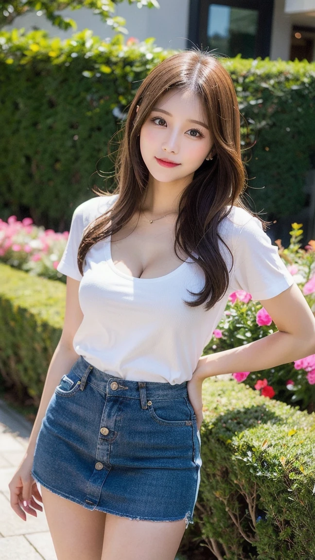 table top, highest quality, figure, Super detailed, finely, High resolution, 8k wallpaper, Perfect dynamic composition figure, detailed and beautiful eyes, beautiful fingers、beautiful hands、spring ladies fashion,wavy hair,、natural color lip, bold sexy pose,smile,Harajuku、20 year old girl、cute、sexy shot looking at camera、exposed clothes、White short-sleeved T-shirt、jeans、huge ，emphasize cleavage、cherry blossoms、Cherry blossom viewing、