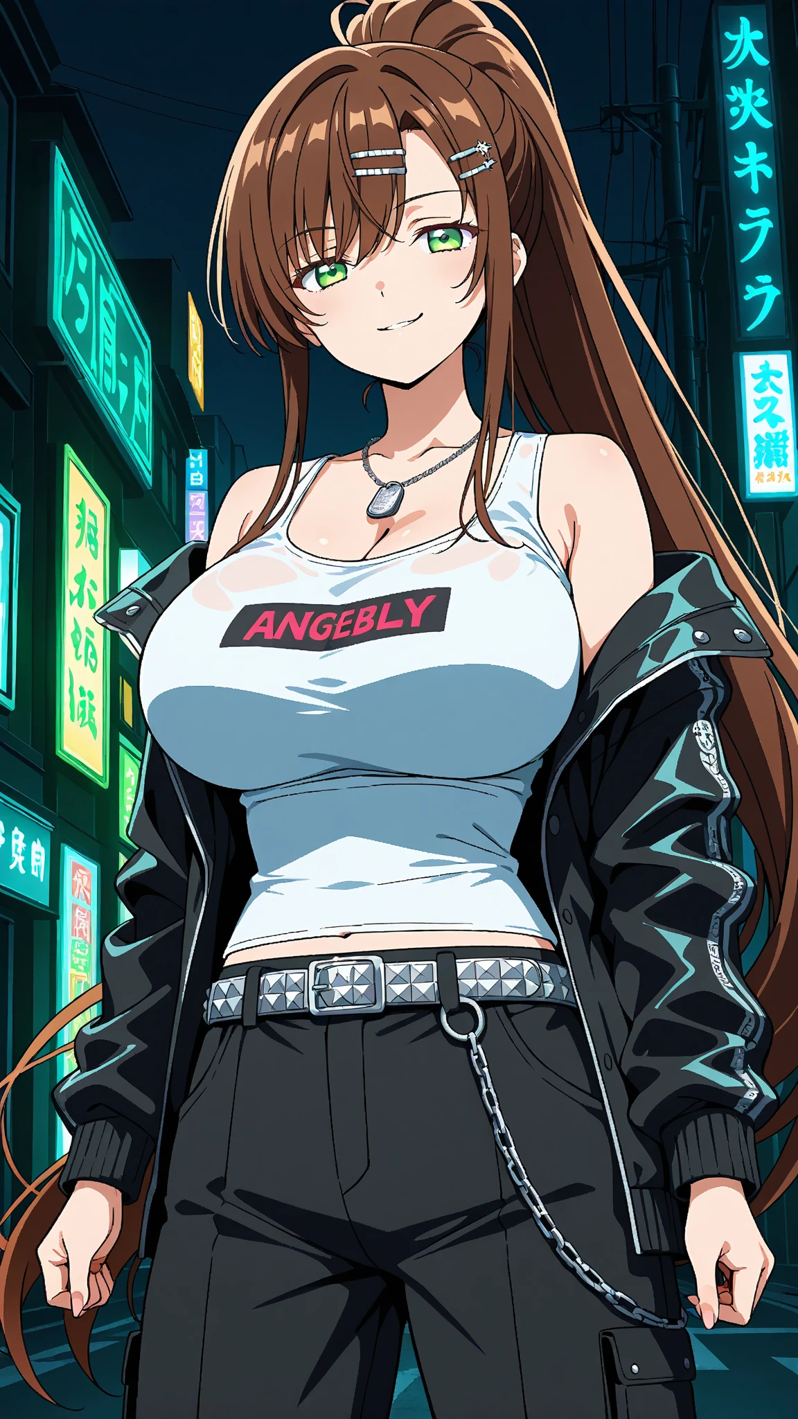 20 year old woman, busty, bubble butt, hourglass figure, skinny, blushing, panicked expression, horny, seductive, brown hair, long hair, plaited hair, bangs, ponytail hair, wearing wearing black cropped jacket, black tshirt, black pleated skirt, choker, sneakers, tight fitting clothing, cleavage, anime, city at night, outside, punk, punk style, punk hair, doujin style, manga, flat colours, 2d manga, aerith gainsborough, aerith FF7, goth, breast focus