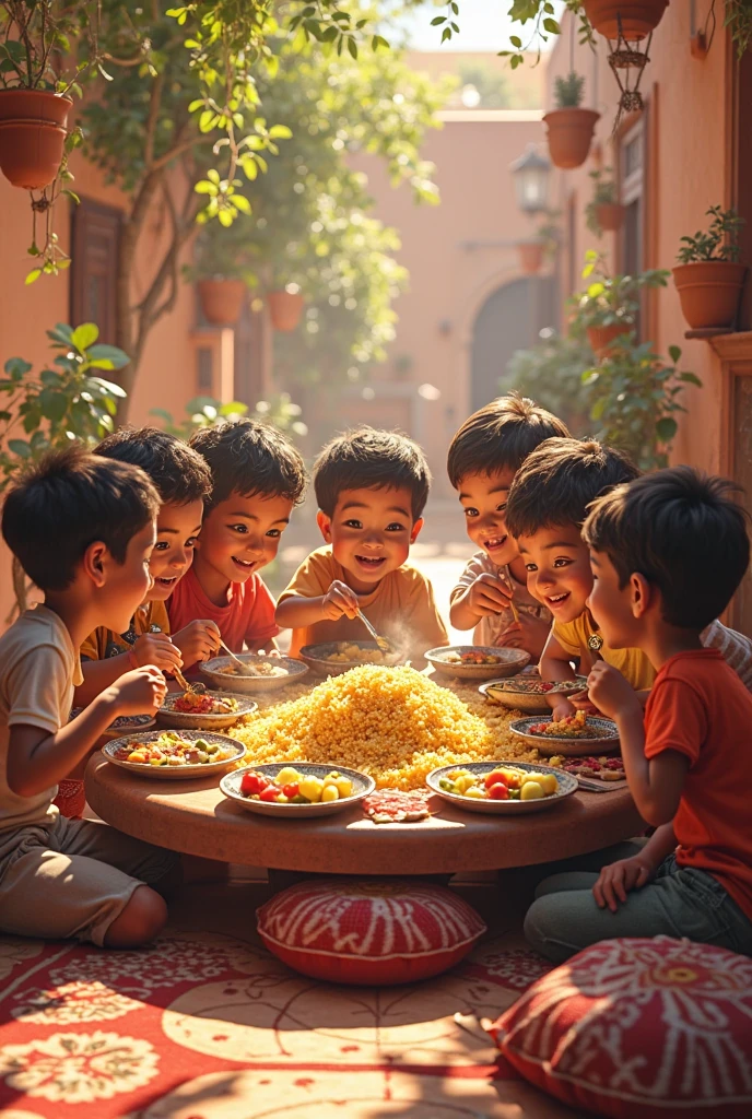 Children of various ethnicities at a party eating sweets and playing in period clothing, colored image, lots of sweets and toys to have fun, balloons, Cosmas and Damian