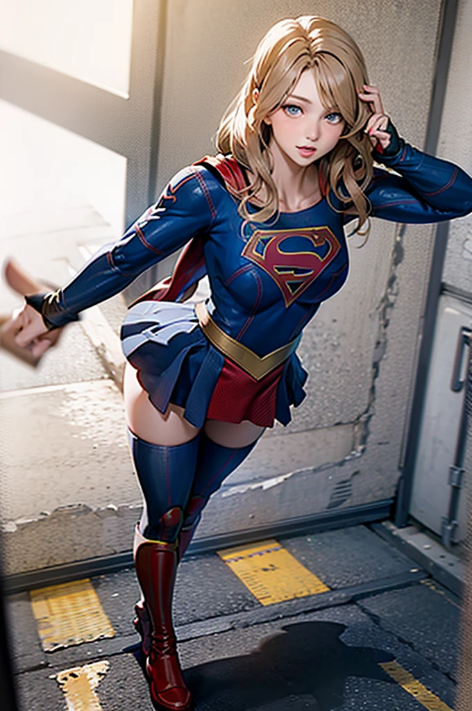 RAW, masterpiece, super fine photo, best quality, ultra high resolution, photorealistic, sunlight, full body portrait, gorgeous, dynamic poses, delicate face, vibrant eyes, (side view), she is wearing a futuristic Supergirl costume, very detailed background, detailed face, detailed and complex background, messy, gorgeous, milky, highly detailed skin, realistic skin details, visible pores, sharp focus, volumetric mist, 8k uhd, DSLR, high quality, film grain, fair skin, photorealism, lomography, expanding metropolis in a futuristic dystopia, view from below, translucent, blonde, blue eyes, S of Superman in Prito, super stunning costume,