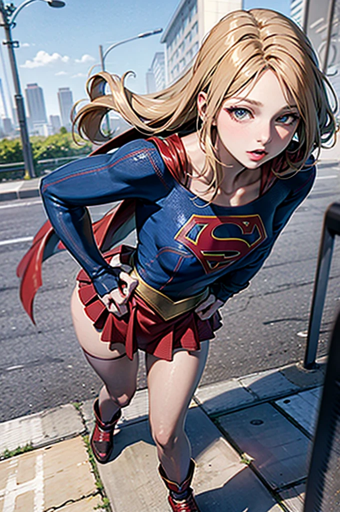 (full body),Low - Angle,From below,Big Butt Girl, Medium chest, Pose in front,upright,3D Rendering,( Supergirl),Blonde,Long Hair,Blue eyes,Red Skirt,the skirt is short,,A blue leotard is visible under the skirt.,The skirt is blown up by the wind,