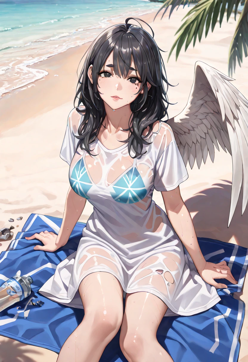 (1 seraphim girl standing on peak of frozen snowy mountain) higher than overcast, blowing frozen wind, (solo), swinging back, multiple wings, (she has 12 wings on her back), (6 white wings:1.5) and (6 black wings:1.5), BREAK, (wearing nothing without a lace trimmed sheer short black chemise:1.4), (black plunging neckline), too short black skirt flapping by wind, stiletto heels, BREAK, (black short hair:1.3), sidelocks, black eyes, (bouncing large breasts), cleavage, inconceivably narrow waist, bared skinny arms, bared skinny long legs, thigh gap, tiptoe, BREAK, baby face, nose blush, smile for viewer, open mouth, orgasm, BREAK, full body, (extremely detailed CG unity 8k wallpaper), (beautiful detailed), (ultra high resolution), (masterpiece:1.2), (best quality), (beautiful illustration)