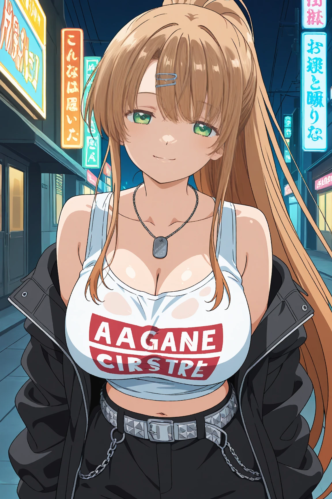 Ultra-high definition image quality、beautiful girl、Yankee Girl、Reddish brown hair、Disheveled long hair、Gal、Busy Street、Off-the-shoulder T-shirt、Denim skirt、Pink panties with leopard print panties、Highest quality, Big Ass、Thighs、Big Breasts、High cut boots、Glare、Put your hands on your hips、intimidating face、Smoke a cigarette、Cigarette smoke、Punk Fashion、Squat with your legs apart