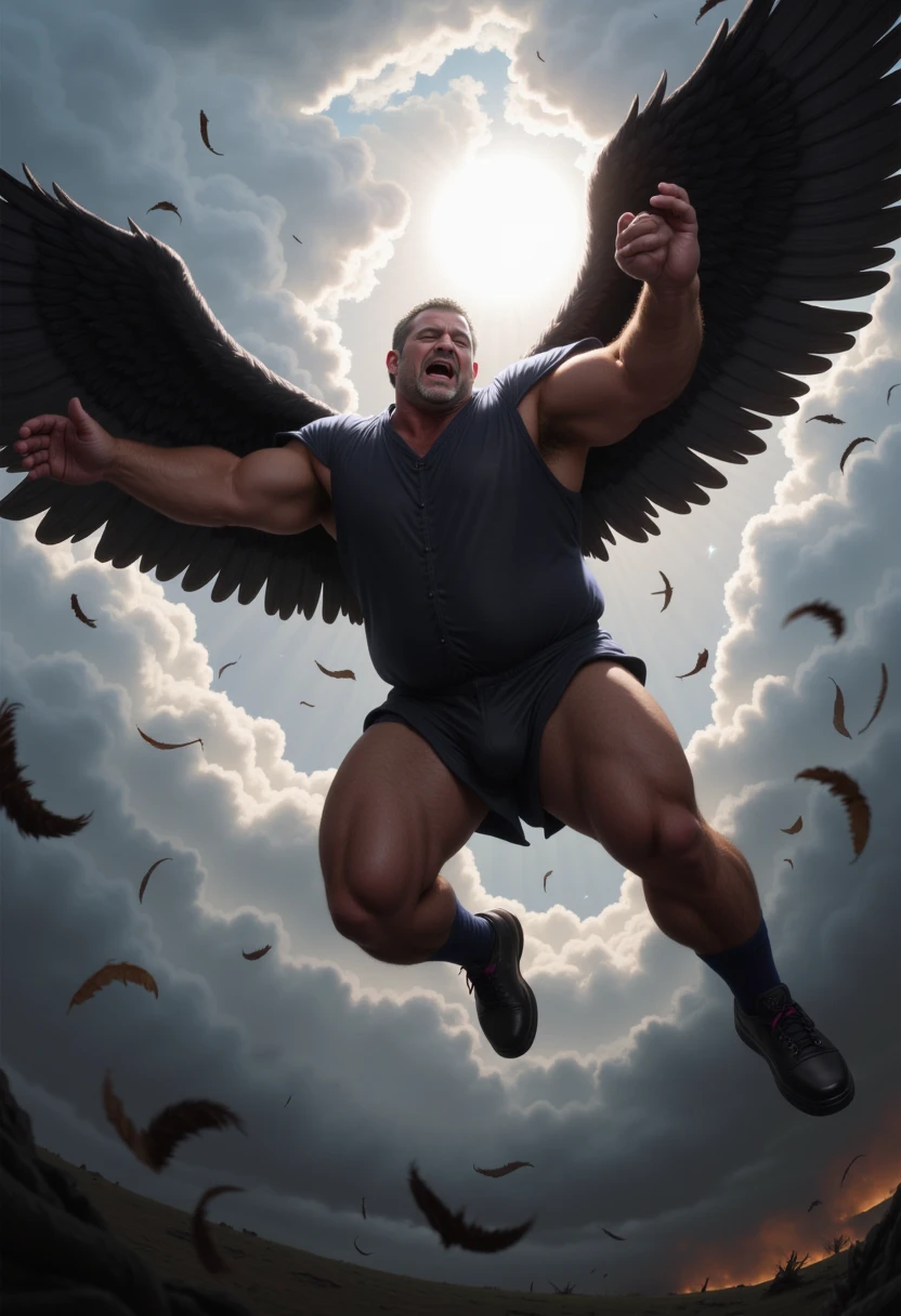 masterpiece, Best Quality, face, natural eyes, 1 man, European, Big feet, black socks, (without shoes), Whole body, big lump, long legs, looking at the viewer, 30 years, muscular and mature, short haircut, face covered with white fluids, perspiration, tight cloth, erect, smile, Alone, White skin, muscular, Muscle man, high, piece, big biceps, ABS, wide shoulder, open chest, facial hair, short black hair, wet body, wet hair, spectator looking, High resolution:1.2, Best Quality, Whole body, flat style, Dark Sky, a male angel with huge black wings, fire on the ground, DARK ANGEL, black wings, tattooed arms, remote camera, walking.