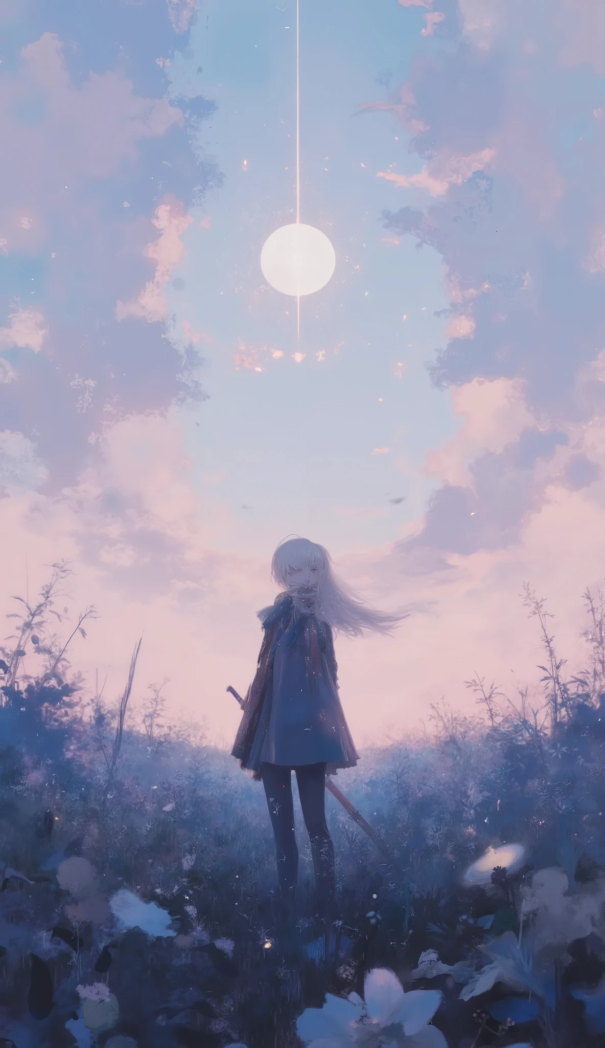 exudes this poignant work, A lonely figure stands in the beautiful, tall grass and delicate weeds. So、faintly illuminates the scene, Dreamy Texture , A field overgrown with weeds。. soft pastel Blend the background and foreground when it gets dark, is born。. form a dark、silhouette that contrasts, with soft ones. Central Figure, short haired young woman, Silver Hair, Is dark, neckline when the foreground gets dark. wilderness with dusk that sets in the background, and , she has a sword, 影の多い環境Soほとんど見分けがつかないその形. that shape is almost indistinguishable in a shady environment, Surrounding her, adds a mystical element. Soft pastel blend background and flowing coat with a large bow at the、Shining Orb (Probably the Moon or the Sun)where the sky、Rich Textures, 謎めいたメランコリックな雰囲気A field overgrown with weeds.