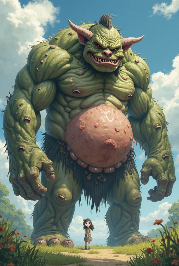 Create an image of an orc. It is a large, exceptionally stout and bulky creature with a body that is significantly overweight. The orc has a pig-like head with a broad, flat snout and large, protruding tusks. Its skin is a rough, grayish-green color. The orc’s mouth is open, revealing a slobbering, gaping maw filled with drool. It is standing in a grassy field, surrounded by tall grass and wild vegetation. The orc’s ample body and heavy build should be evident, and it is in a menacing stance, as if ready to charge or attack. The background should show the open, expansive field to emphasize its presence in the natural environment.