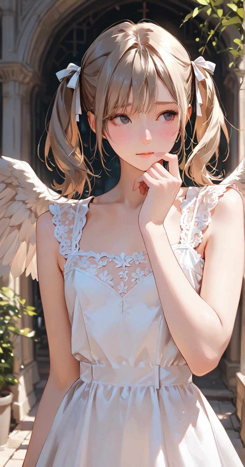 masterpiece, Highest quality, Very detailed, 16K, Ultra-high resolution, Cowboy Shot, 14-year-old girl, Detailed face, Perfect Fingers, Angel halo on head, Golden Eyes, blonde, short hair, Thin and light clothing, Lace clothes, Angel wings growing on the back, Above the Clouds, In front of the temple