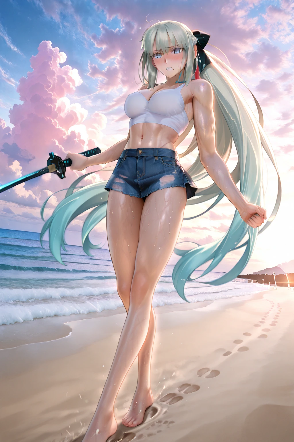 (best quality: 1.2), clean face, (masterpiece: 1.2, 8k) perfect anatomy, 1girl,a beautiful fashion model ,(masterpiece, official art, best quality ,long and shiny hair, blue hair with streaks in hair, long hair, full lips, slender body, slim body big breasts, looking at viewer, revealing outfit, absurdity, intricate details, dynamic pose, club, , wearing short shorts and a tight white top, cleavage, torn clothes, thong straps, ponytail, coquettish expression, smile