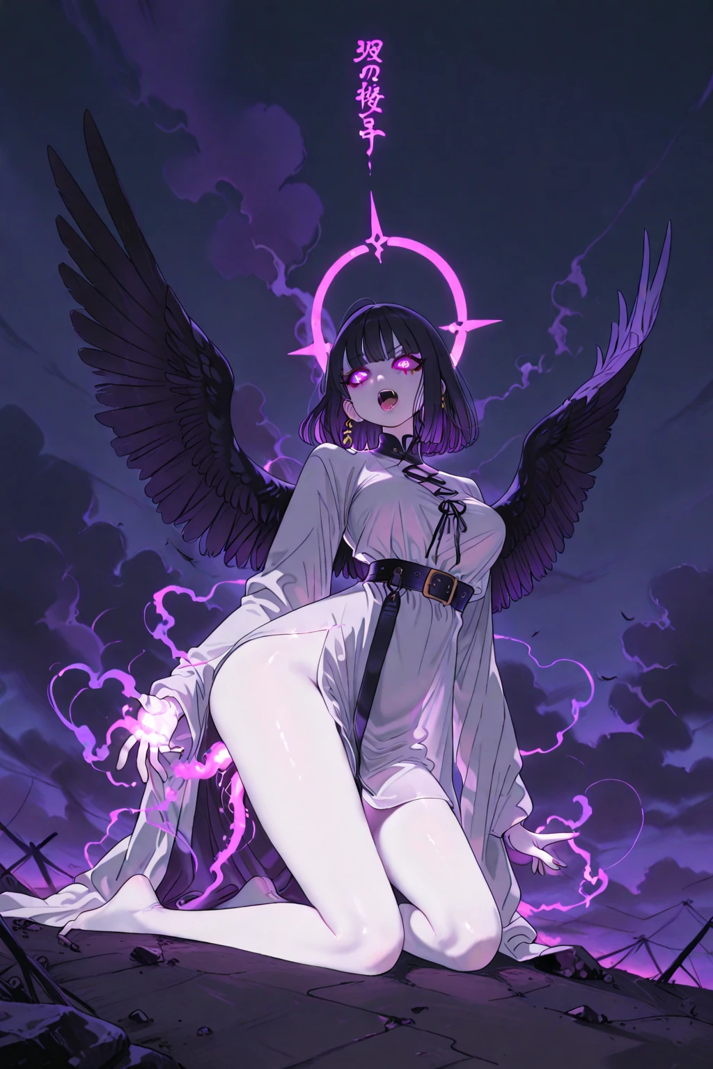 (best quality,4k,8k,highres,masterpiece:1.2), view from above, dutch angle, a beautiful goth angel sitting on a bench, perfect body, ((huge breasts)), (glowing wings aura, glowing halo:1.3), wings, tank top, shorts, simple lines, anime style