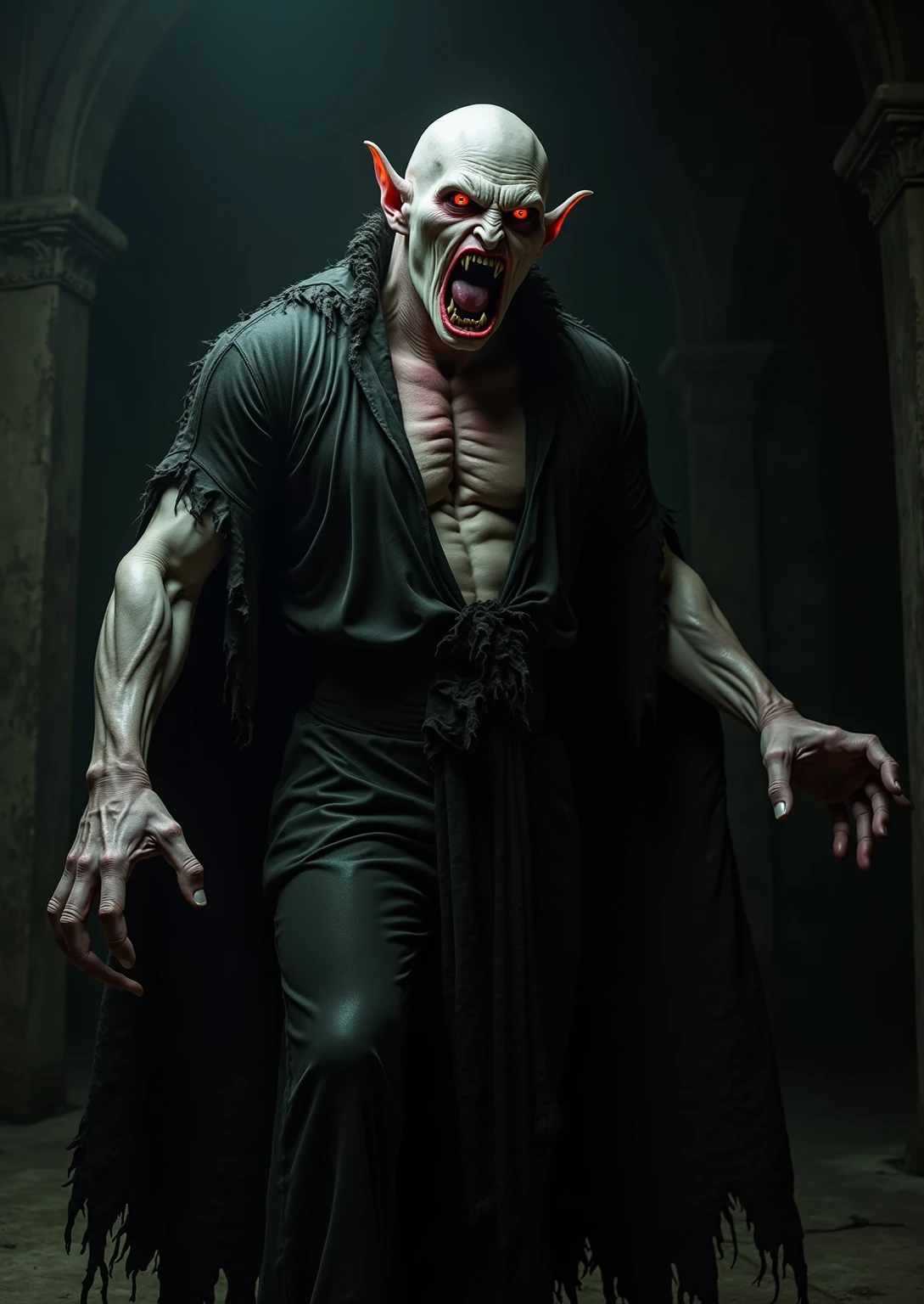 surrealism art, disturbing nightmare, mysterious, Provocative, symbolic, complex, detailed, high qualiy, Wolf Man, gothic horror, lean body with defined muscles, pale skin, piercing eyes, sharp fangs, attractive cadaverous appearance, Male gender, rectangular face, seductive appearance, Sexy female vampire, seminu, stylish clothes, in the setting of a mausoleum, malicious smile, similar to Nosferatu, Erotic horror.