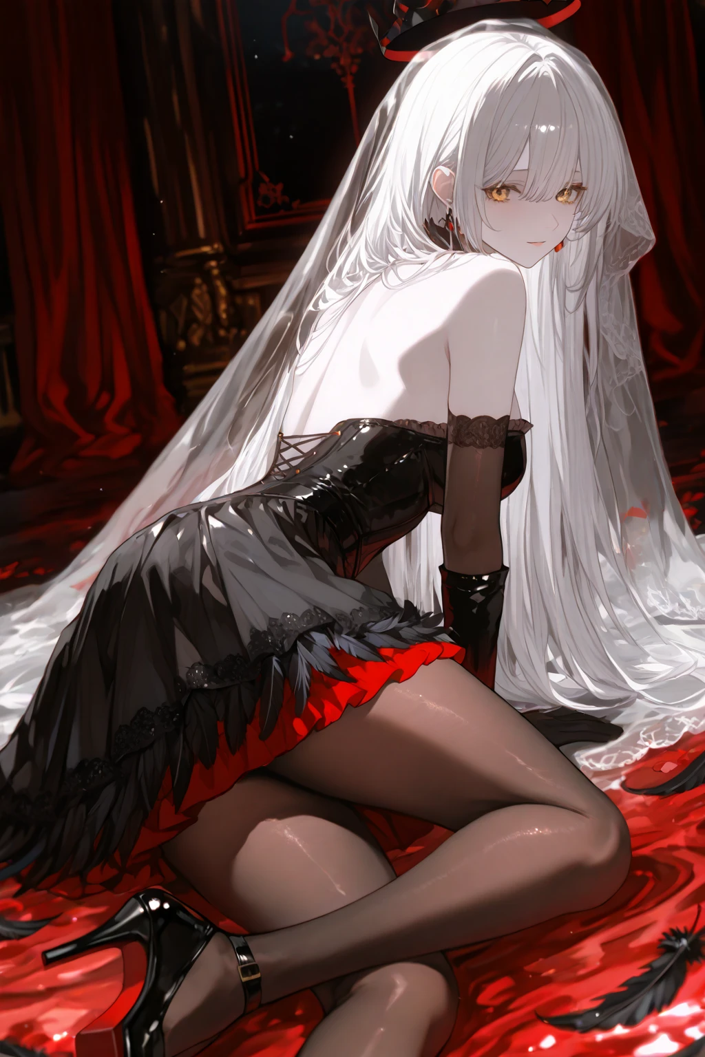 female, middle in the air, white hair, black sclerared, red iris, black one piece dress, big ?????, ????, smile evil,